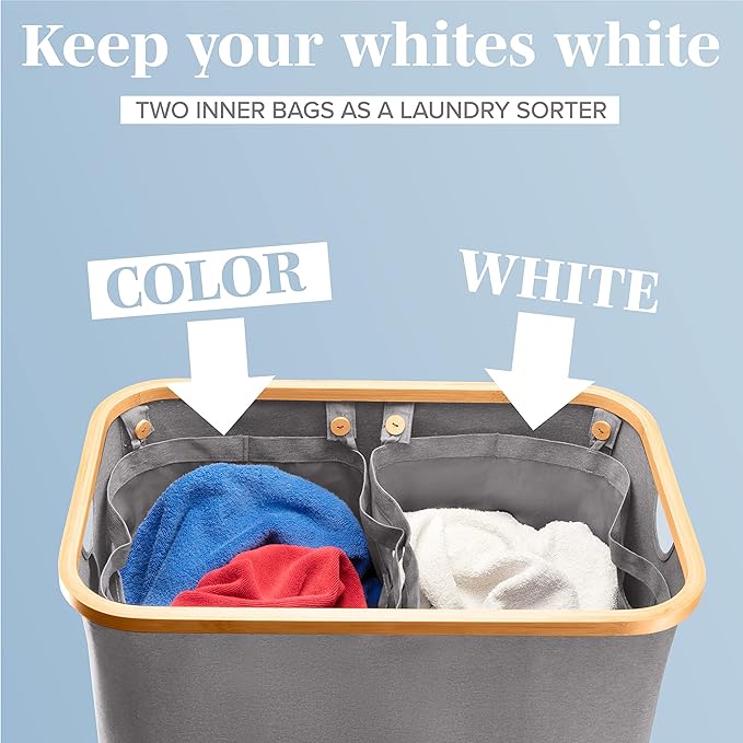 LONBET Laundry Basket with Lid, Made from Breathable Fabric | Aesthetic Clothes Hampers for Laundry with Side Handles & Sturdy Bamboo Frame (40 Gallons - Double, Gray)
