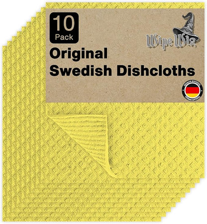Swedish DishCloths - 10 Pack (Yellow), (German Material) Reusable Cellulose Sponge Cloth for Kitchen - Household, Highly Absorbent, No-Odor Dishcloth