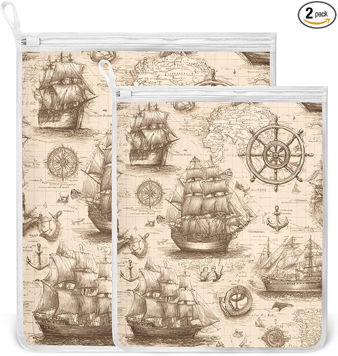 Mesh Laundry Bags Lingerie Bags for Washing Delicates 2 PCS Durable Wash Bag with Zipper Small and Medium Washable Vintage World Map Pirate Sailing Ship Anchor
