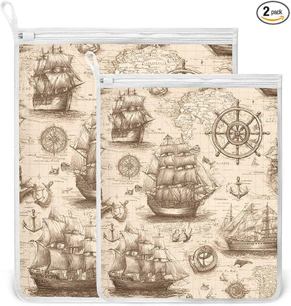 Mesh Laundry Bags Lingerie Bags for Washing Delicates 2 PCS Durable Wash Bag with Zipper Small and Medium Washable Vintage World Map Pirate Sailing Ship Anchor
