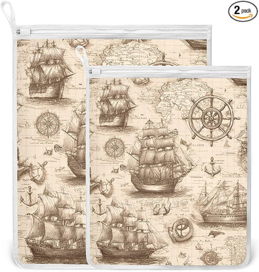 Mesh Laundry Bags Lingerie Bags for Washing Delicates 2 PCS Durable Wash Bag with Zipper Small and Medium Washable Vintage World Map Pirate Sailing Ship Anchor