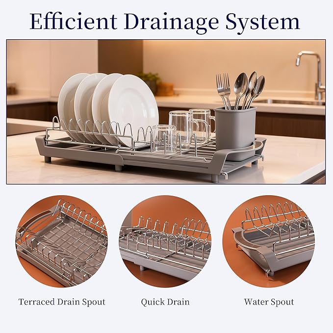 Dish Drying Rack Compact Expandable - A Space-Saving, Stainless Steel, Rust-Resistant Dish Drainer for Kitchen and Apartment Countertops/Sink Cabinets, Extendable from 11.42 to 19.9 inches (Gray)