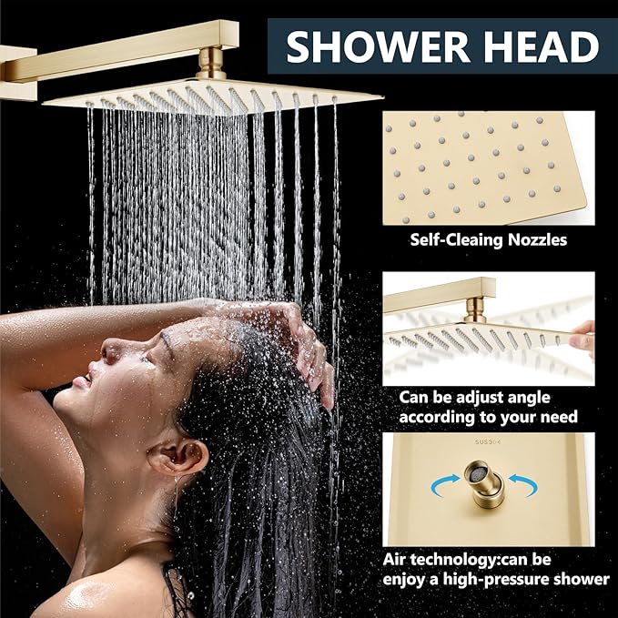 Aolemi Shower Faucet Set Rain Shower System with Handheld Spray Bathroom Shower Combo Rough-in Valve and Shower Trim Kit Included Brushed Gold 12 Inch Wall Mount Shower Head