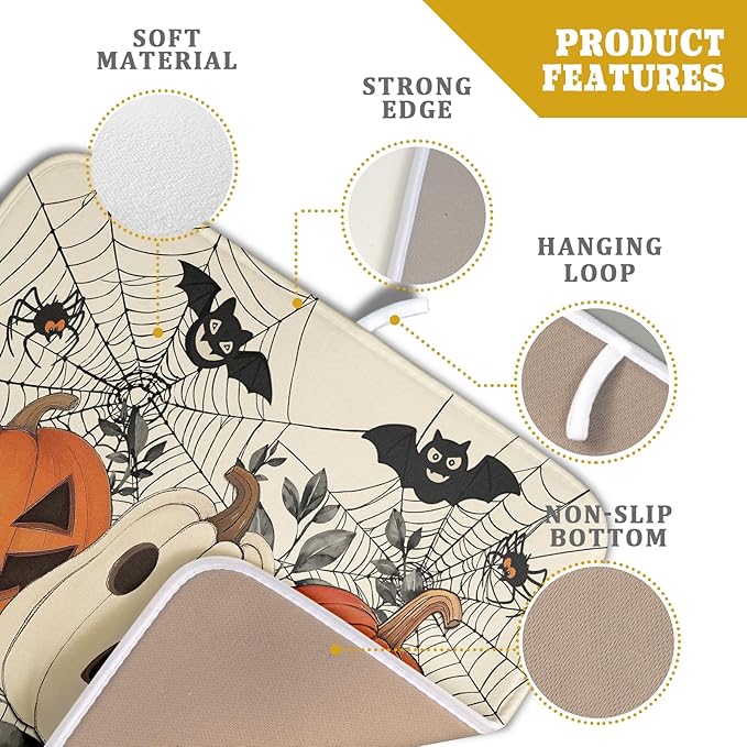 Halloween Pumpkin Dish Drying Mat for Kitchen Counter 16x18 Black Bat Spiderweb Holiday Scary Theme Absorbent Reversible Microfiber Drying Mats Kitchen Countertop Protector Dishes Drainer Pad
