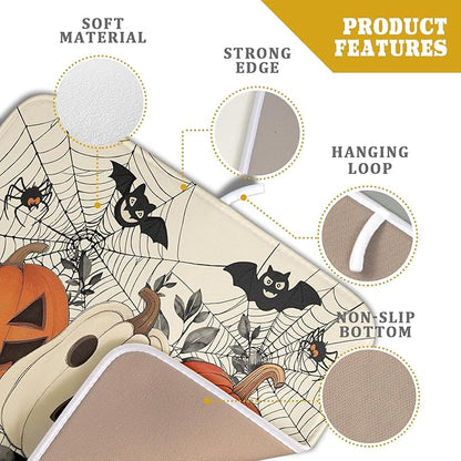 Halloween Pumpkin Dish Drying Mat for Kitchen Counter 16x18 Black Bat Spiderweb Holiday Scary Theme Absorbent Reversible Microfiber Drying Mats Kitchen Countertop Protector Dishes Drainer Pad