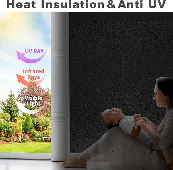 Total Blackout Window Privacy Film with Installation Tools, 100% Light Blocking Heat Control Static Cling, Room Darkening Opaque - 17.5 Inch X 6.5 Feet