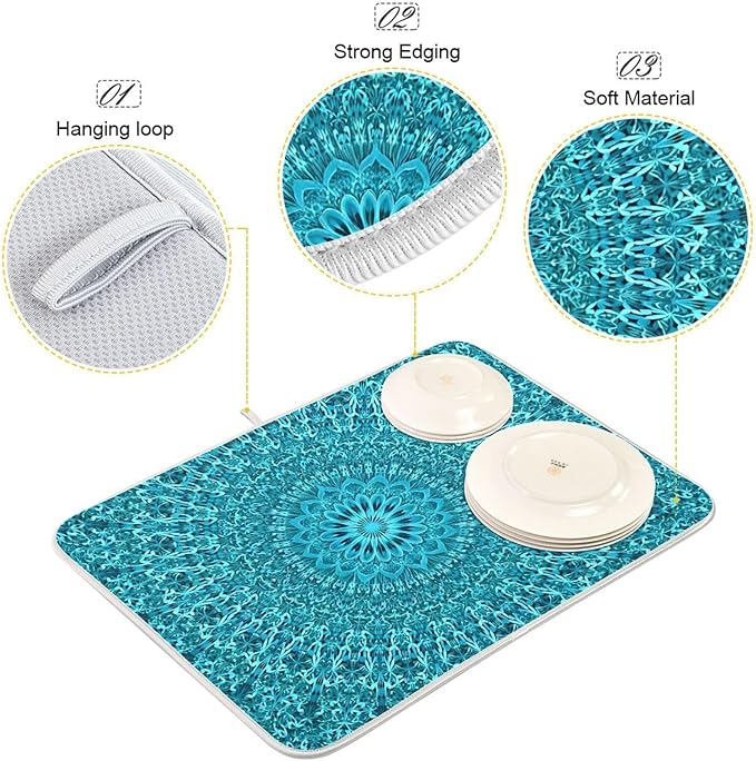 Super Absorbent Dish Drying Mat Microfiber Fast-Drying Dish Mat 16" x 18" Kitchen Dish Drying Pad Mandala Turquoise Teal Blue Green