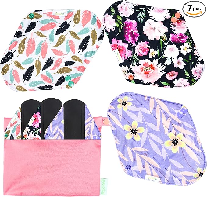 wegreeco Reusable Menstrual Pads - Reusable Sanitary Pads | Panty Liners | Soft Cloth Menstrual - 6 Pack with 1 Cloth Mini Wet Bag (Large, Flower 02
