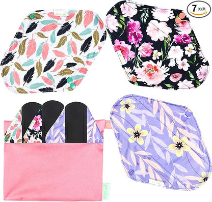 wegreeco Reusable Menstrual Pads - Reusable Sanitary Pads | Panty Liners | Soft Cloth Menstrual - 6 Pack with 1 Cloth Mini Wet Bag (Large, Flower 02