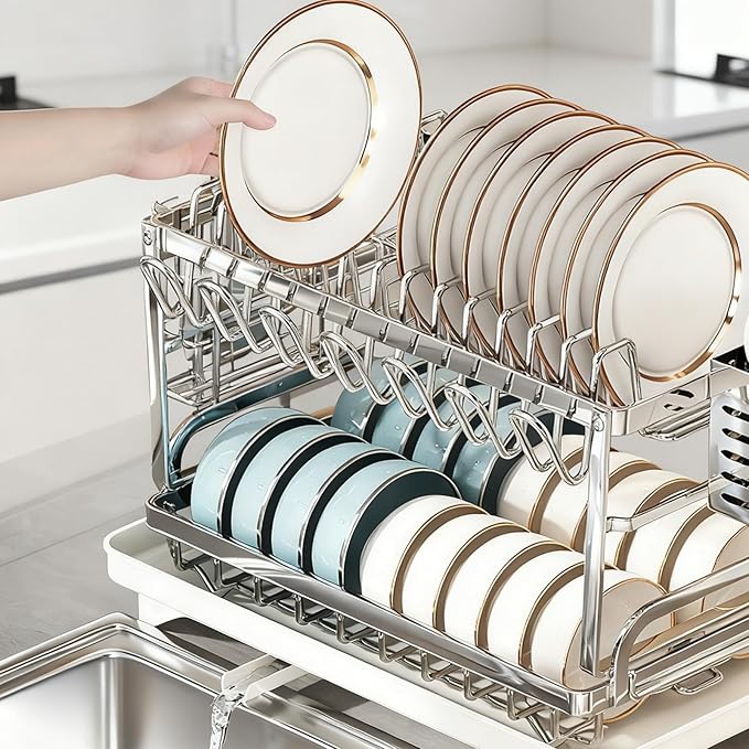 Bowl and Dish Drying Rack, 2-Layer Stainless Steel Kitchen countertop Drain Rack with Drain Plate, Suitable for Plate Cup/Knife/Bowl Dish Sorting Rack, Capable of draining Bowls and Dishes