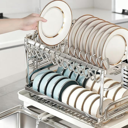 Bowl and Dish Drying Rack, 2-Layer Stainless Steel Kitchen countertop Drain Rack with Drain Plate, Suitable for Plate Cup/Knife/Bowl Dish Sorting Rack, Capable of draining Bowls and Dishes