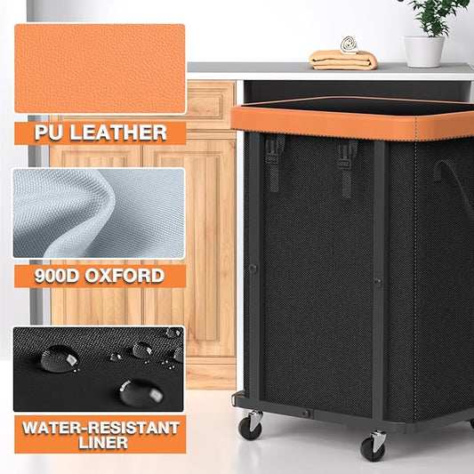 150L (40 Gal) Large Fashion Laundry Basket with Wheels, Leather Patchwork Rolling Hamper Carts, Sturdy Metal Frame, Removable Washable Bag, Tall Clothes Sorter for Bedroom, Laundry Room, Dorm - Black