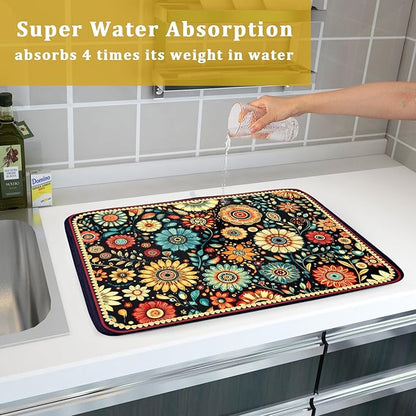 Boho Floral Dish Drying Mat for Kitchen Counter Absorbent Microfiber Flowers Drying Pad 18 X 24 In