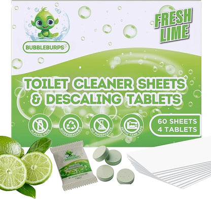 Toilet Cleaning Sheets & Descaler Tablets COMBO, 60 Toilet Bowl Cleaner Strips & 4 Toilet Stain & Ring Remover Tablets, Plastic Free, No Harsh Chemicals, Septic & Gray Water Safe, No Mess