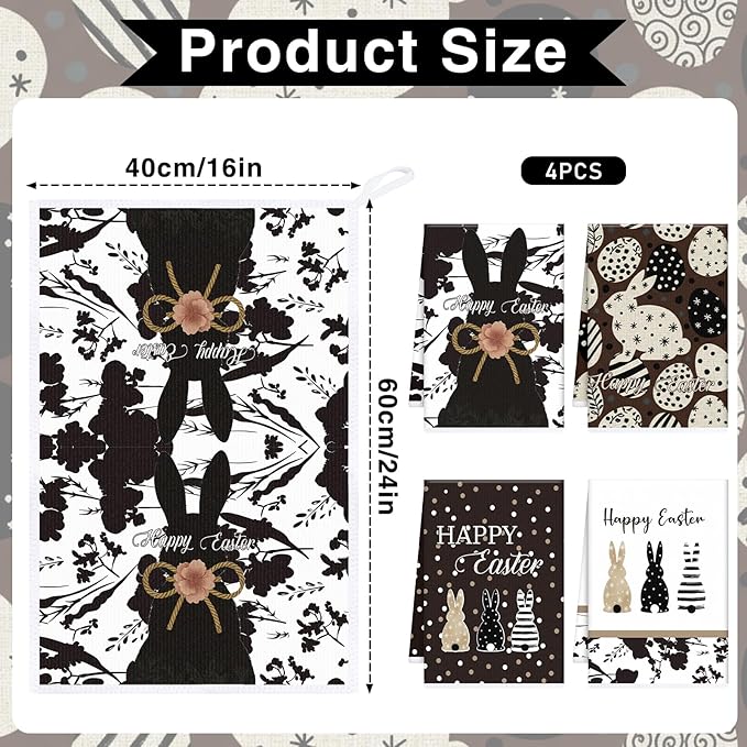 Happy Easter Kitchen Towels, Bunny Dish Towels Gifts for Cooking Cleaning Set of 4, Spring Rabbits Hand Towels with Hanging Loop for Bathroom Home Decor
