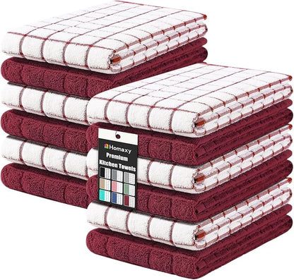 Homaxy Premium Cotton Kitchen Towels 16"x 28", Large Natural Ring Spun 390 GSM Dish Towels, Super Absorbent Terry Kitchen Hand Towels, Soft Tea Towels with Hanging Loop, Red Check Design, 12 Pack