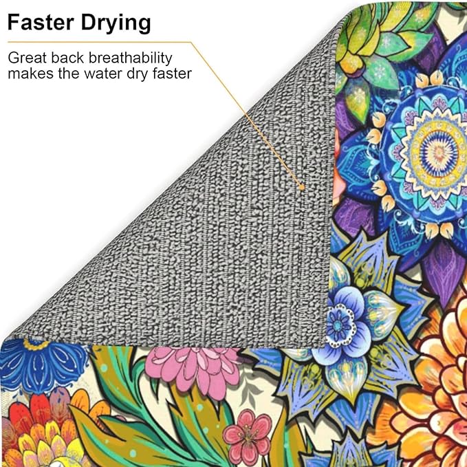 Boho Floral Dish Drying Mats for Kitchen Counter, Absorbent Microfiber Colorful Drying Pad for Dishes, Spring Easter Washable Decorative Kitchen Mat for Dining Area Sink, Home Decor, 16" x 18"