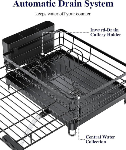 Kitsure Extendable Dish Drying Rack - Rust-Resistant Dish Racks for Kitchen Counter with Adjustable Support Legs, Cutlery Holder & Removable Draining Tray (Black, 15.6''-25.2''L × 16.9''W × 8.1''H)