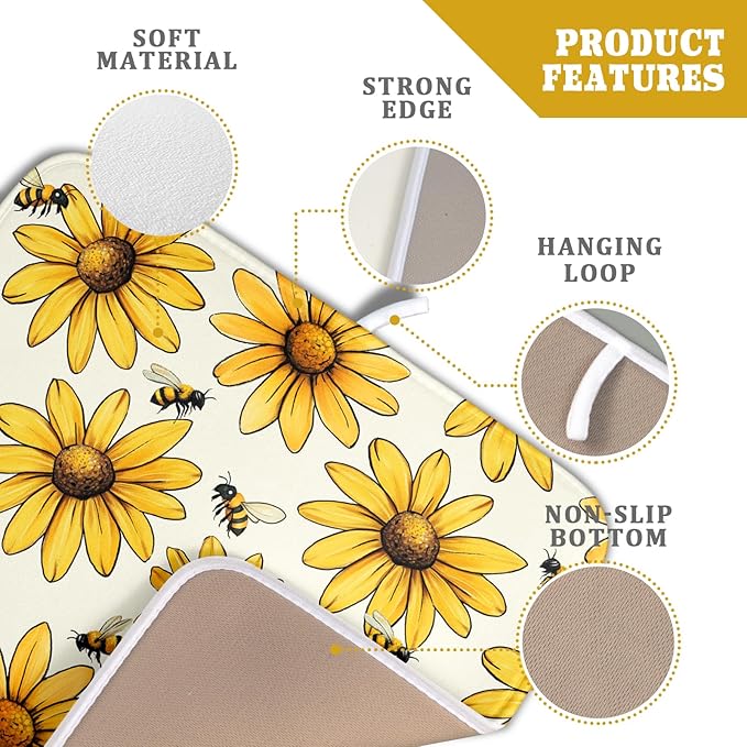 Spring Summer Sunflower Bee Dish Drying Mat of Kitchen Counter 16×18 Inch Floral Drainer Pad Flower Dish Rack Pad Drainer Mat Washable Absorbent Reversible Microfiber for Coffee Bar