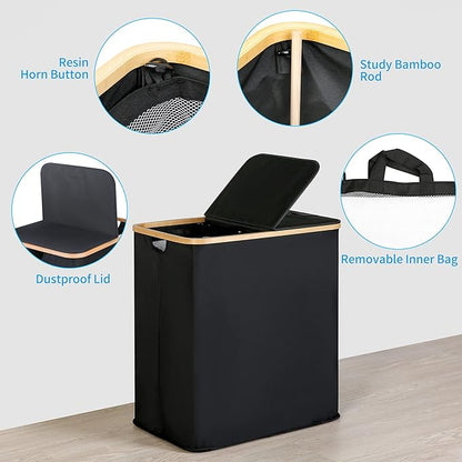efluky Laundry Hamper with Lid, Double Laundry Hamper with 2 Removable Bags, 2 Section Laundry Basket with Bamboo Handles for Bathroom, Bedroom & Laundry Room, 140L (36.9 Gallon) Black