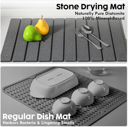 Large Stone Dish Drying Mat for Kitchen Counter, Premium Diatomaceous Earth Coaster Set for Dishes with Free Drainer Rack| Non-Slip Kitchen Sink Mat | Fast-Absorbing, Eco-Friendly, 24"×16", Dark Grey
