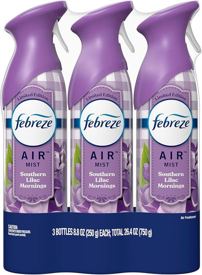 Febreze Air Mist Air Freshener Spray, Odor-Fighting Room Spray, Air Fresheners for Home and Bathroom and Kitchen, Aerosol Can, Southen Lilac Mornings Scent, Purple, 8.8oz (Pack of 3)