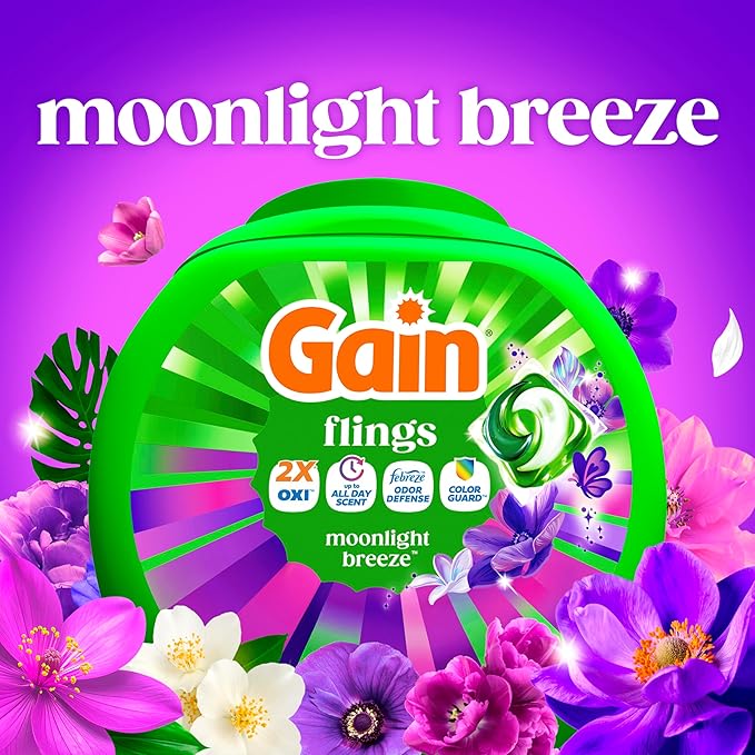 Gain Flings Liquid Washing Detergent Pods with Odor Defense + Color Guard, Moonlight Breeze Scent, 4-In-1 Liquid Laundry Detergent Pacs, Clean & Fresh, 76 Count (Packaging May Vary)
