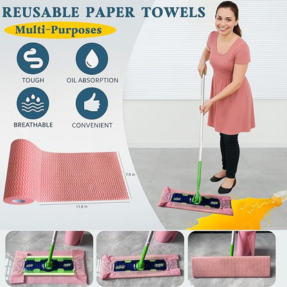 Reusable Paper Towels Washable, 60 Cts Disposable Cleaning Dish Cloths, Multi-Purpose Kitchen Wipes Roll, Pink