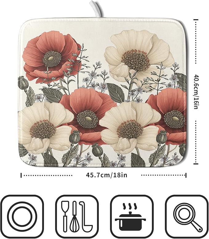 Floral Dish Drying Mat for Kitchen Counter 18x16 Inch Beige Pink Big Flower Drying Mat with Absorbent Reversible Microfiber Season Spring Dish Drainer Mats Rack Pad for Coffee Countertop Protector