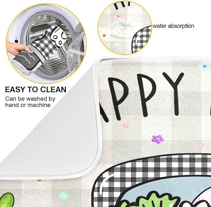 Easter Eggs Bunny Rabbit Dish Drying Mat Quick Absorbent 16x18 Easter Day Black White Buffalo Plaid Kitchen Drying Mat for Countertop Sink Reusable Dishes Mats Kitchen Essentials