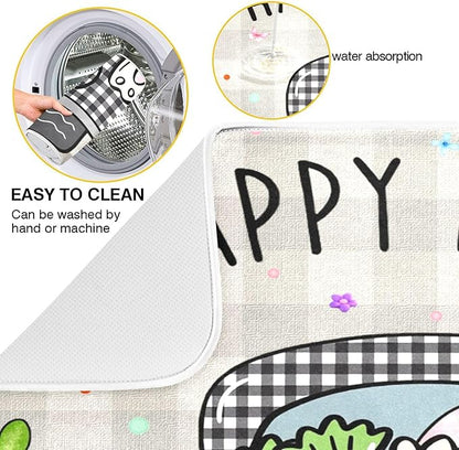 Easter Eggs Bunny Rabbit Dish Drying Mat Quick Absorbent 18x24 Easter Day Black White Buffalo Plaid Kitchen Drying Mat for Countertop Sink Reusable Dishes Mats Kitchen Essentials
