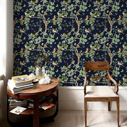 Nukofal Dark Bird Peel and Stick Wallpaper Vintage Floral Contact Paper 16.9inch x 196.8inch Dark Floral Wallpaper Peel and Stick Boho Self Adhesive Removable Wall Paper for Cabinets Bathroom Decor