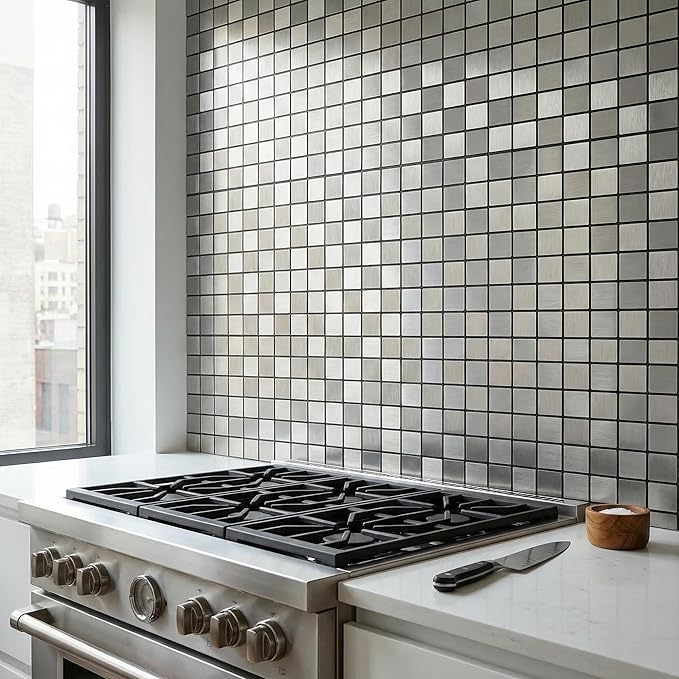 10pcs Waterproof Non-Slip Mosaic Wall Stickers, Heat-Resistant Self-Adhesive Tiles, Easy Cut & Peel for Kitchen Bathroom Bedroom Living Room (10, Silver)