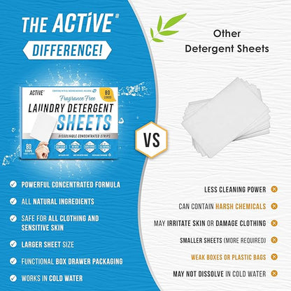 ACTIVE Laundry Detergent Sheets Eco Washing Strips - 80 Loads, Free & Clear Liquidless Clothes Washer Sheet, Zero Waste Travel Laundry Strip, Dissolvable Space Saving Sheets For HE - Fragrance Free