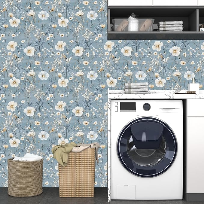 Laatse Blue Floral Peel and Stick Wallpaper White Botanical Contact Paper Vintage Leaf Wall Mural for Bedroom Bathroom Vinyl Waterproof Self Adhesive Removable Renter Dorm Wall Paper 17.5" x 118"