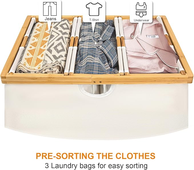 WOWLIVE 180L Laundry Hamper 3 Section, Bamboo Laundry Basket with lid, Extra Large Dirty Clothes Hamper with Removable Linner Bags, Laundry Bin Organizer Storage for Dorm Bedroom Bathroom, Beige