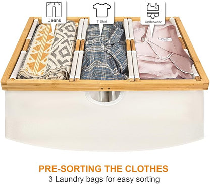 WOWLIVE 180L Laundry Hamper 3 Section, Bamboo Laundry Basket with lid, Extra Large Dirty Clothes Hamper with Removable Linner Bags, Laundry Bin Organizer Storage for Dorm Bedroom Bathroom, Beige