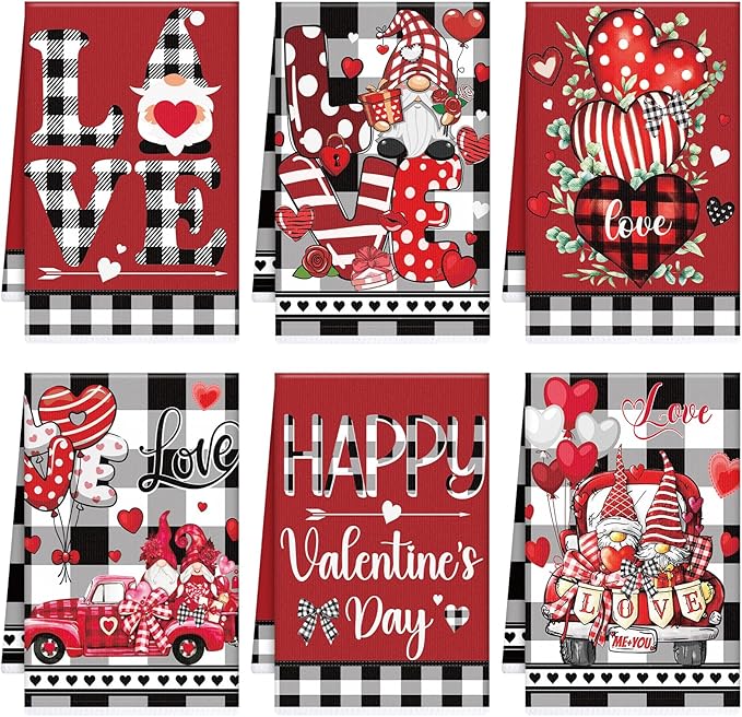 Valentines Day Kitchen Towels - 6 Pcs Plaid Truck Heart Love Theme Valentines Hand Towels, Valentine Dish Towels for Kitchen, Anniversary Wedding Home Decoration Supplies