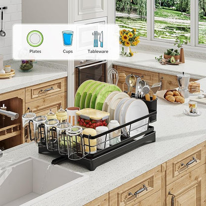 Ekisemio Dish Drying Rack for Kitchen Counter - Large Capacity Dish Drainer with Cutlery Holder & Drip Tray, Space Saving Kitchen Organizer (12x15.7), Black