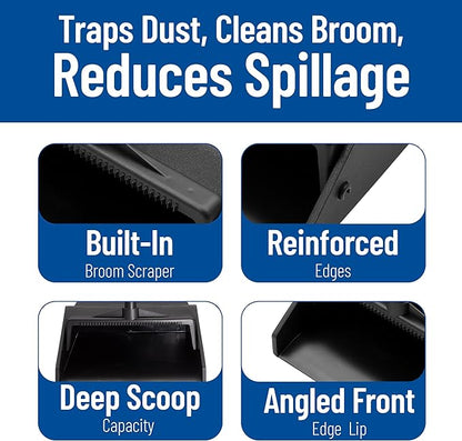 SPARTA Plastic Dust Pan, Upright Pan With 2 Piece Handle For Cleaning, 11 X 12 X 3.5 Inches, Black