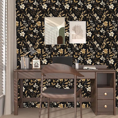 Fvlow Black Floral Wallpaper Peel and Stick Gold Leaf Contact Paper 17.4" x 118" Boho Wallpaper Waterproof Self Adhesive Wall Covering for Bedroom Countertop Desk Cabinets Decor