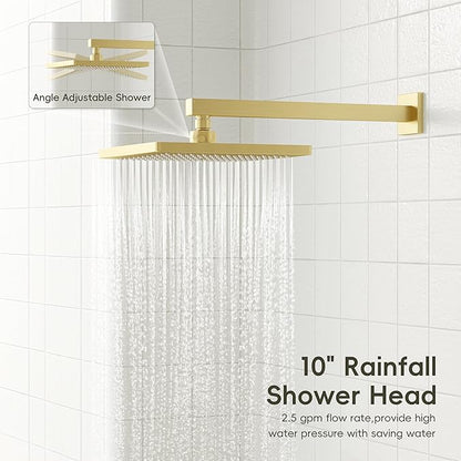 Gabrylly Shower System with Tub Spout, Wall Mounted Shower Faucet Set for Bathroom with High Pressure 10" Rain Shower head and 3-Setting Handheld Shower Head Set,Brushed Gold
