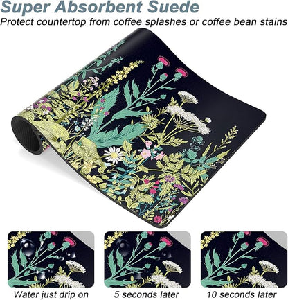 Rnivvi Coffee Mat, 16" x 24" Cute Flower Theme Coffee Bar Mats for Espresso Machine Station Accessories and Organizer, Hide Stain Rubber Backed Absorbent Dish Drying Pad for Kitchen Counter, Black