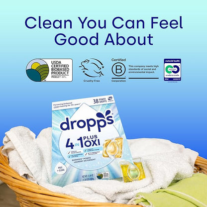 Dropps 4-in-1 Plus Oxi Laundry Detergent Pods, Free & Clear (38 Count) - Unscented Laundry Pods | Odor Defense | Fights Stains | Whitens & Brightens | Clean Ingredients | Plastic Free Packaging