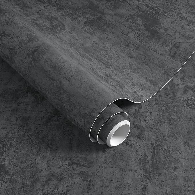 Grey Black Concrete Wallpaper Peel and Stick 24"x197" 3D Thick Dark Grey Concrete Cement Contact Paper Vinyl Matte Textured Waterproof Removable Adhesive Sticker for Bedroom Bathroom Walls