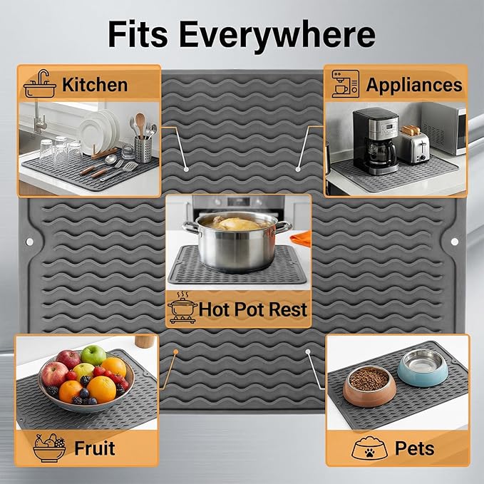 Silicone Dish Drying Mat, Easy Clean, Eco-Friendly, Heat-Resistant, Grey, Food-Grade Silicone Dish Drying Mat for Kitchen Counter, Dishes, Refrigerator or Drawer Liner (16” x 12”)