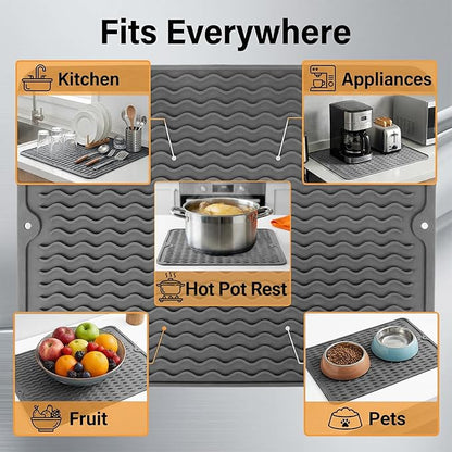 Silicone Dish Drying Mat, Easy Clean, Eco-Friendly, Heat-Resistant, Grey, Food-Grade Silicone Dish Drying Mat for Kitchen Counter, Dishes, Refrigerator or Drawer Liner (16” x 12”)