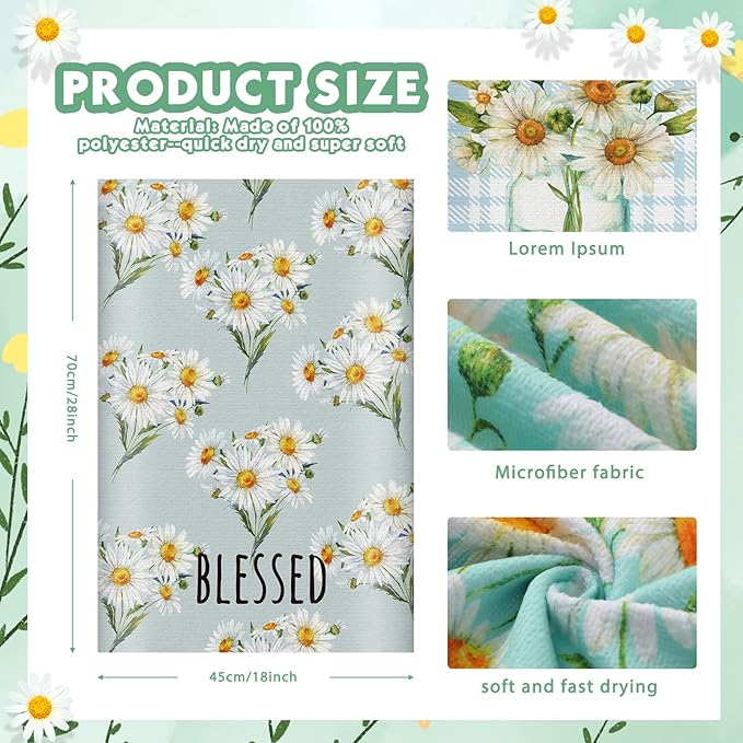 Zubebe 6 Pcs Daisy Kitchen Towels 18 x 28 Inch Spring Daisy Dish Towels Decorative Absorbent Dishcloths for Farmhouse Kitchen Bathroom Decorations, Seasonal Decor Gifts