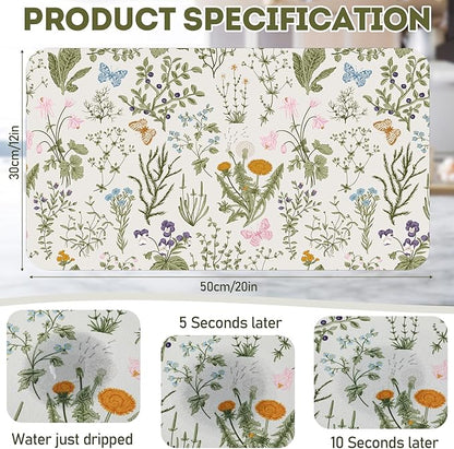 LemonRoad Dish Drying Mat for Kitchen Counter, 12"x20" Absorbent Coffee Bar Mat with Spring Floral Design, Fast-dry Diatomite Drainer Drying Mats with Non-slip Backing for Kitchen Sink Countertop