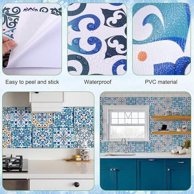 AM AMAONM 10pcs 20x20cm Removable Square Vintage Floral Pattern Tile Stickers 3D Decorative Peel and Stick Vinyl Self Adhesive Wall Tiles Decor Decals for Kitchen Backsplash Bathroom Furniture (G)